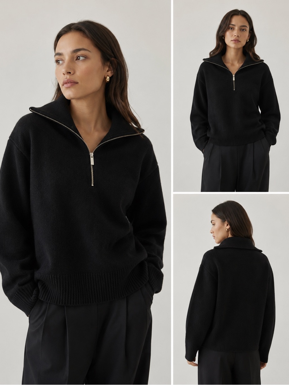 Aritzia Babaton 100% Merino Wool Heavyweight Half Zip Sweater Black